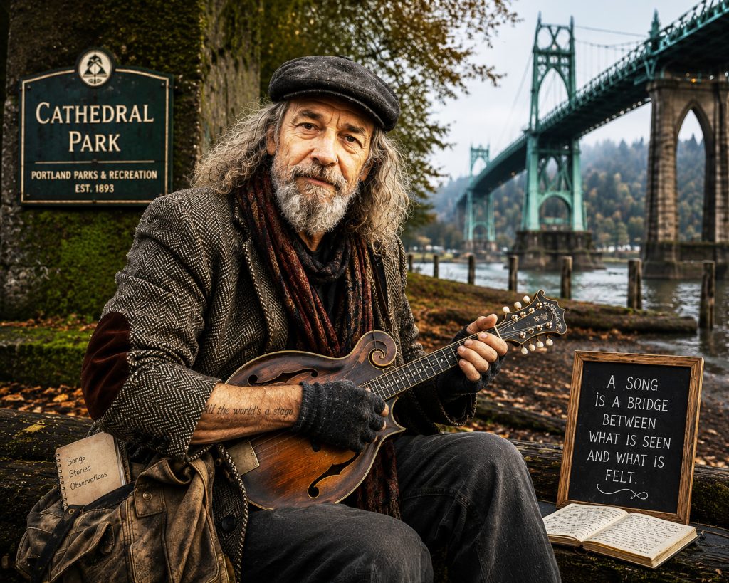 Balthasar Bottom at Cathedral Park playing mandolin - from the Bridgetown Chronicles cozy mystery series