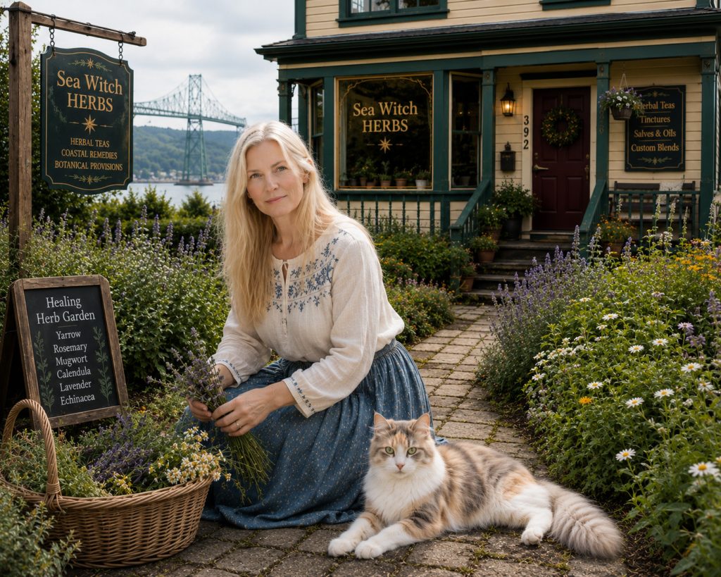 Hedvig Sunde and Skog at Sea Witch Herbs - Astoria, Oregon  - from the Bridgetown Chronicles cozy mystery series