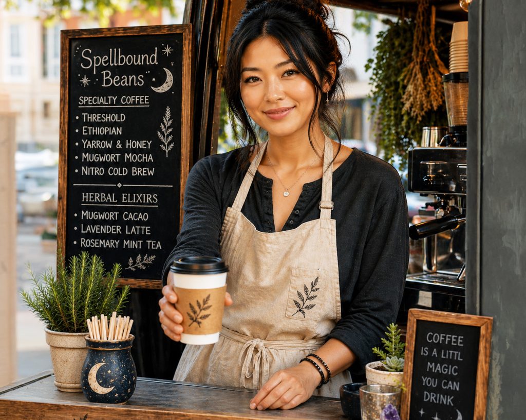 Sage Ono at Spellbound Beans at Prost Marketplace - from the Bridgetown Chronicles cozy mystery series
