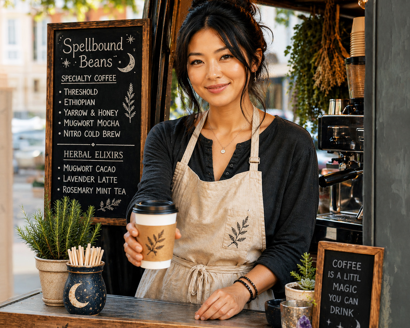 Sage Ono at Spellbound Beans at Prost Marketplace - from the Bridgetown Chronicles cozy mystery series