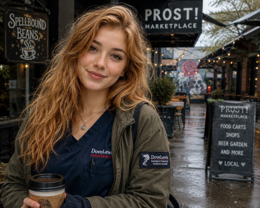 Storm Higgins at Prost Marketplace in Portland, Oregon from the Bridgetown Chronicles cozy mystery series